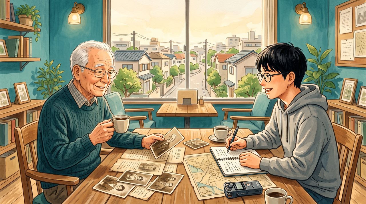 この人に聴く ― 昔話を語る年配の方とメモを取る若者